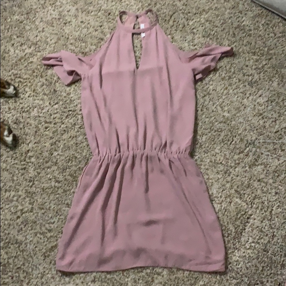 Dress. High neck. Exposed shoulders